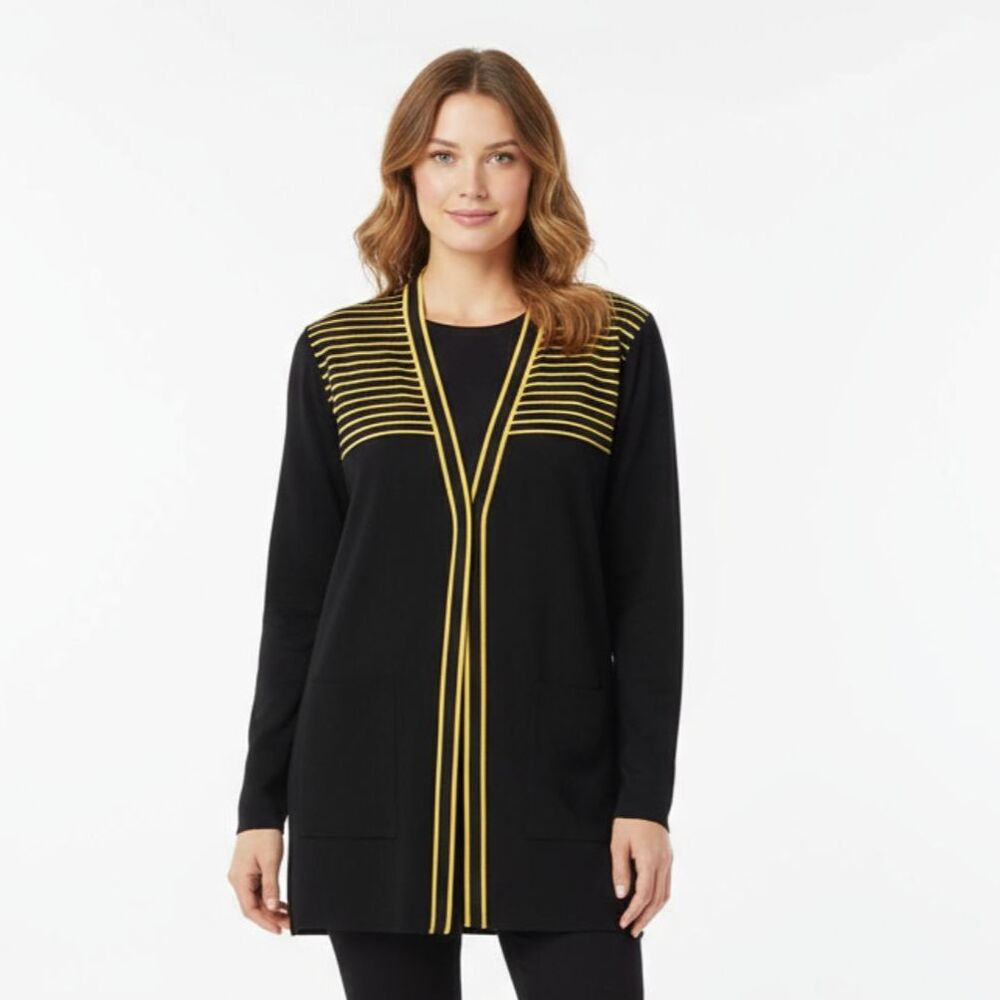 Misook Black & Yellow Striped Open Front Long Sleeve Cardigan Sweater L